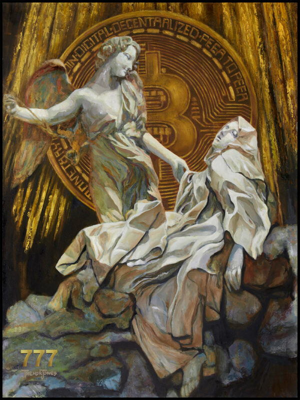 Trevorjonesart piece 777, renaissance style painting with bitcoin symbol
